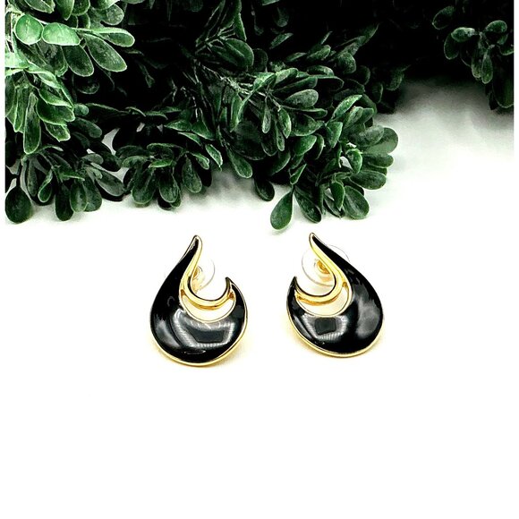 Elegant Black and Gold Teardrop Statement Earrings With Curved Design by Trafari - Picture 2 of 3